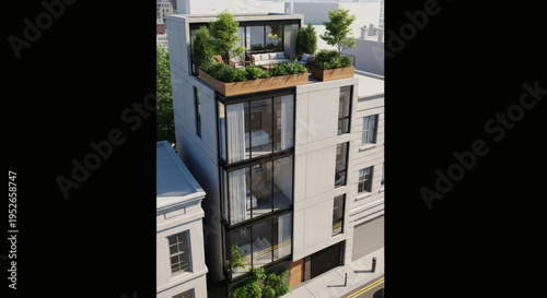 Modern Luxury Residential Building with Rooftop Garden and Sleek Architecture