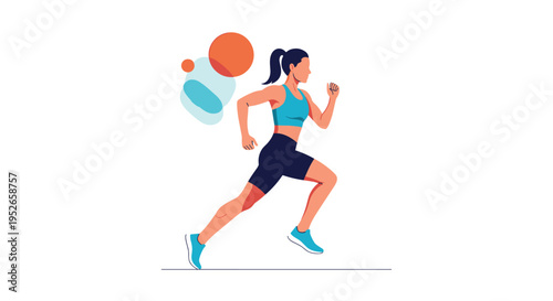 Athletic woman in blue sports gear runs and exercises for fitness while colorful abstract shapes decorate the background of the image.