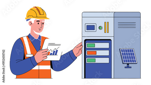 Engineer and Data Server: A skilled engineer, helmeted and vested, studies a data report adjacent to a modern server.
