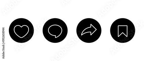 Like, comment, share, and save outline icon. Love, speech bubble, repost, and bookmark symbol in black circle