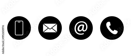 Smartphone, email, mention, and phone call icon. Contact customer support symbol in black circle