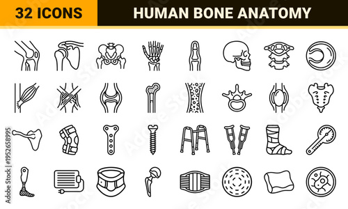 Orthopedic Human Joint Anatomy and Bone Health Medical Symbols featuring Technical Monoline Outlines for Healthcare and Surgical Design.