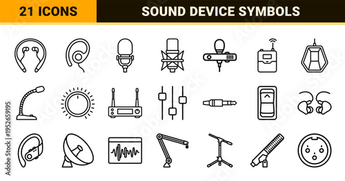 Professional Audio Equipment Monoline Symbols Featuring Technical Headset Outlines and Broadcasting Hardware for Communication Design