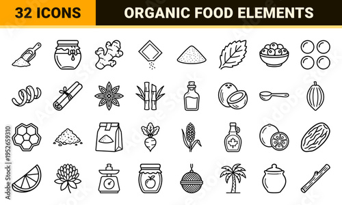 Natural Sweeteners and Raw Food Ingredients Monoline Icon Set featuring Minimalist Organic Symbols for Healthy Cooking and Dieting Apps