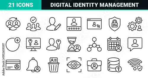 Minimalist User Account and Digital Profile Management Monoline Icons Featuring Technical Security and Identity Authentication Symbols