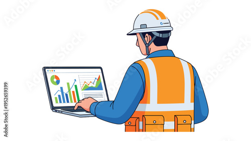 Data Analyst at Work: A diligent data analyst, in a high-visibility vest, meticulously reviews charts and graphs on a laptop, illustrating precision and focus in the digital age.