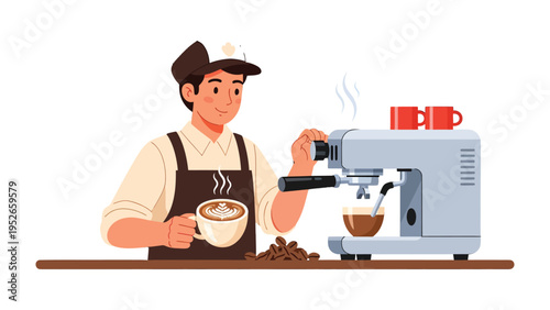 Coffee Creation: A barista meticulously crafts a perfect cup of coffee, showcasing the art of espresso making. Steam rises from the hot coffee and espresso machine, while the barista holds a cup.