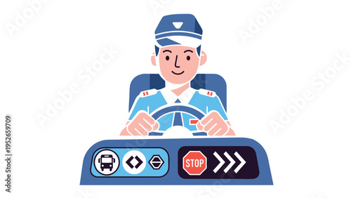 Traffic Officer at the Wheel: An illustration depicts a traffic officer diligently positioned at the wheel, expertly navigating through a driving simulation