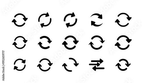 Refresh reload arrow icons vector set with black circular sync symbols for web and interface design