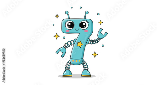 Friendly robot character shaped like the number seven features a smiling face, spring arms, and gold stars for an educational concept.