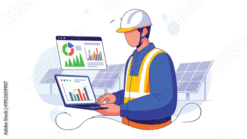 Green Energy Professional: A professional in a hard hat meticulously analyzes data on a laptop in front of solar panels. He is evaluating the power and sustainability of the renewable energy.