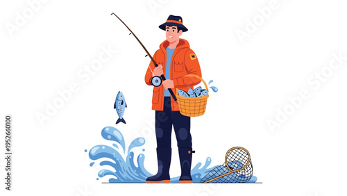 Fisherman's Bounty: A fisherman stands proudly, showcasing a basket overflowing with his fresh catch while a fish leaps in joy beside him.