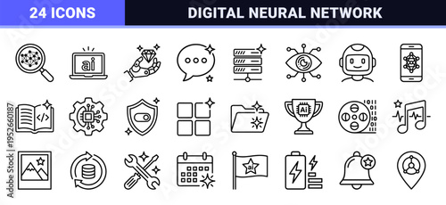 Artificial Intelligence Line Art Symbol Set featuring Technical Monoline Graphics for Machine Learning and Neural Network Software Interfaces
