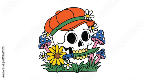 Edgy Skull Biting Knife with Mushrooms and Flowers Retro Tattoo Vector Illustration