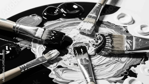 Artistic Paint Brushes and Swirls of Black and White Paint on a Palette