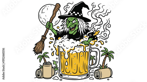 Halloween Party Green Witch Popping Out of Giant Beer Mug Vector Illustration