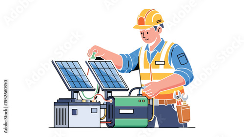 Solar Panel Technician at Work: An electrician meticulously inspects solar panels and associated equipment, symbolizing the commitment to clean energy and environmental sustainability.