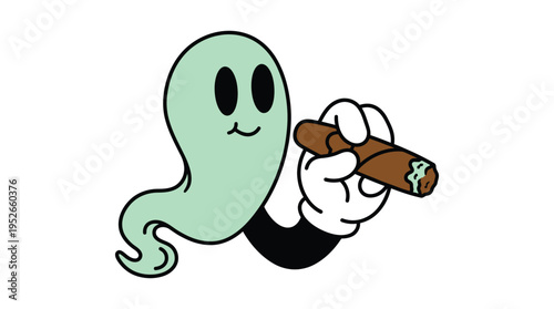 Cute Retro Ghost Character Smoking Cigar Cartoon Vector Illustration