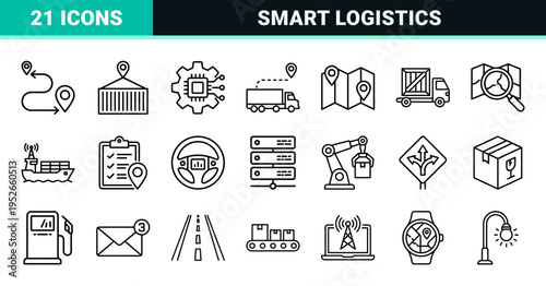 Autonomous Logistics and Smart Navigation Technical Monoline Outline Symbols for Intelligent Transport Systems and Supply Chain Automation
