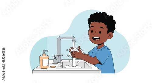 Young boy washes his hands with soap and water at a bathroom sink to maintain good personal hygiene and prevent the spread of germs.
