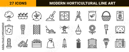Sustainable Gardening and Urban Agriculture Monoline Symbols Featuring Minimalist Horticultural Tools, Botanical Growth, and Ecological Care Elements.