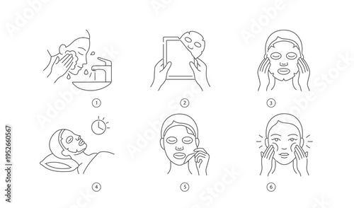 How to apply facial sheet mask step by step instructions, beauty skin care routine infographic line art vector