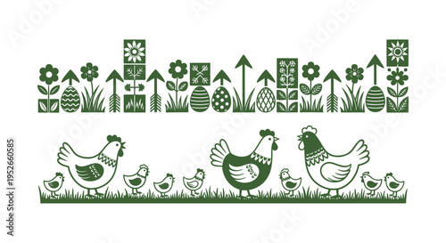 Easter chickens and chicks with decorated eggs and flowers in green on white background for holiday greeting cards