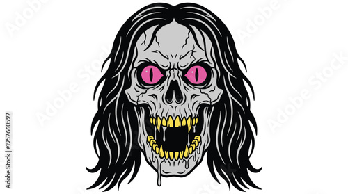 Creepy Vampire Zombie Skull with Long Hair and Fangs Halloween Vector