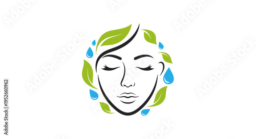 Spa Face Logo with Leaves and Water Droplets