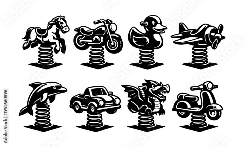 Vintage spring ride-on toy set silhouettes featuring animals and vehicles in black and white