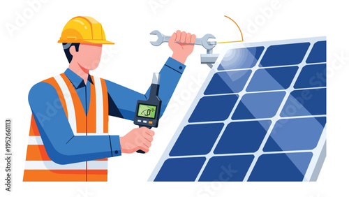 Solar Panel Maintenance: A technician, focused on efficiency, meticulously inspects and maintains a solar panel, embodying the future of renewable energy and sustainable practices.