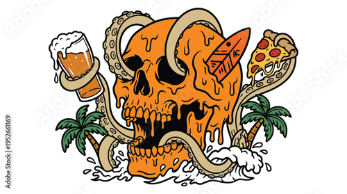 Trippy Melting Summer Skull with Octopus Tentacles Beer Pizza and Surfboard Vector