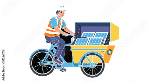 Solar Panel Delivery: A worker on a cargo bike pedals through the city, transporting solar panels, promoting renewable energy and sustainable living.