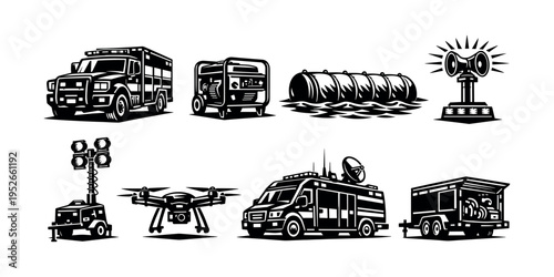 Emergency response vehicle and equipment black and white vector silhouette set