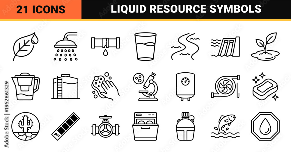 Naklejka premium Minimalist Water Conservation Monoline Elements Featuring Sustainable Resource Management Symbols and Pure Liquid Purification Graphics