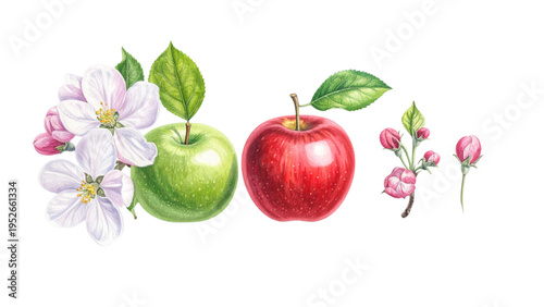 Botanical illustration of an apple life cycle from white spring blossoms and young green fruit to a ripe red apple with a leaf on white background