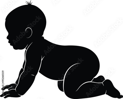 Black silhouette illustration of crawling baby on hands and knees, simple expressive design showing infant posture and movement for childhood development, parenting, and educational concepts