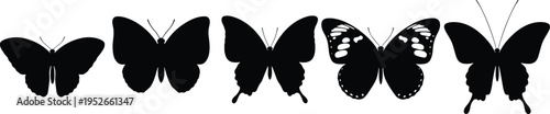Black silhouette illustration of five butterflies in horizontal arrangement, distinct wing shapes and body structures, artistic vector design for entomology, nature, and decorative concepts