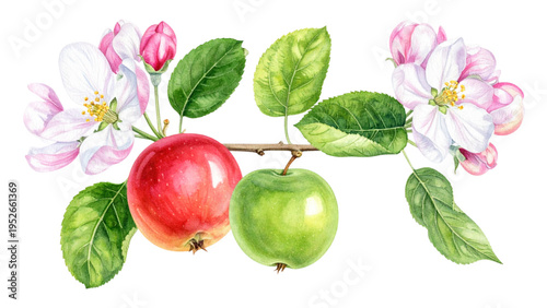 Botanical illustration of an apple life cycle from white spring blossoms and young green fruit to a ripe red apple with a leaf on white background