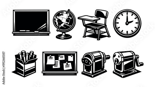 Black and white school supplies vector illustration set featuring desk chalkboard globe