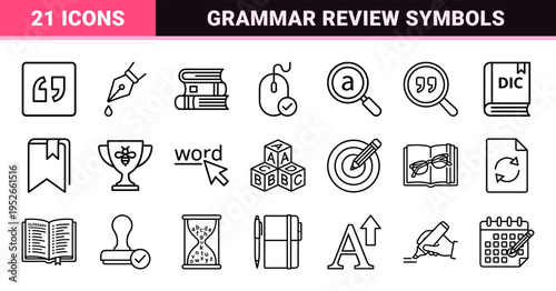 Professional Linguistics and Editorial Review Monoline Icons Featuring Spelling Correction Symbols and Grammar Verification Outlines