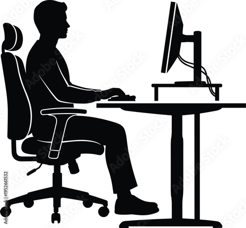 Black silhouette illustration of person working at desk on computer with ergonomic chair, symbolizing office work, remote job, technology, productivity, and professional workplace design