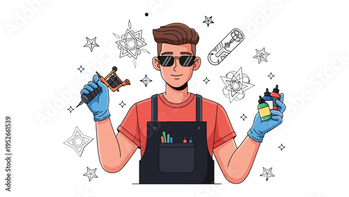 Tattoo Artist at Work: An artist, exuding creativity, holds a tattoo gun, surrounded by ink bottles and intricate designs, ready to transform the canvas of skin into a work of art.
