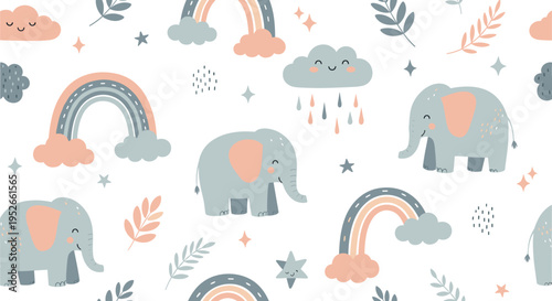 Seamless repeating pattern for children features cute grey elephants, colorful rainbows, clouds with raindrops, and tiny twinkling stars.