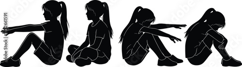Black silhouette illustration of seated child with ponytail in different postures, expressive body language showing emotional states for childhood, psychology, education, and design concepts