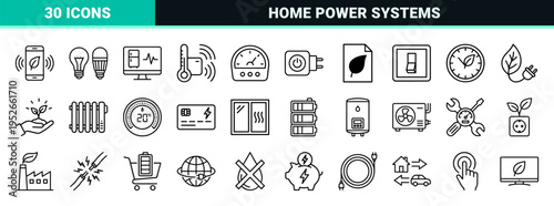 Smart Home Energy Monitoring and Sustainable Tech Monoline Symbols for Eco-Friendly Automation Interfaces and Technical Dashboard Graphics.