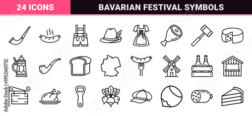 Bavarian Cultural Heritage Line Art Featuring Traditional Oktoberfest Symbols and German Folk Aesthetic for Minimalist Commercial Design