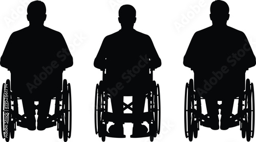 Black silhouette illustration of three individuals seated in wheelchairs, front view design emphasizing accessibility, mobility aids, disability awareness, healthcare, and inclusive 