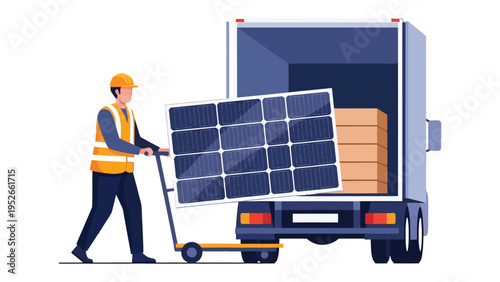 Renewable Energy Delivery: A dedicated worker transports a solar panel on a hand truck, loading it into a truck bed filled with additional solar panels.