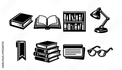 Vintage black and white book and library themed vector icon set